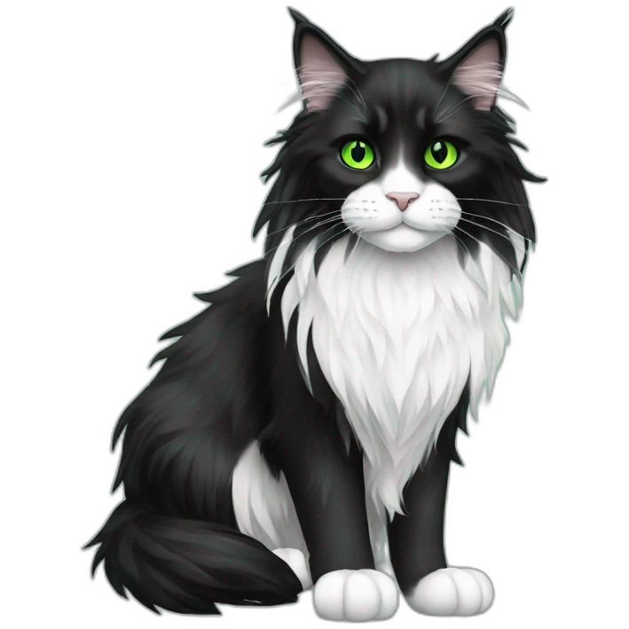 Black and white Maine coon with green eyes full body emoji