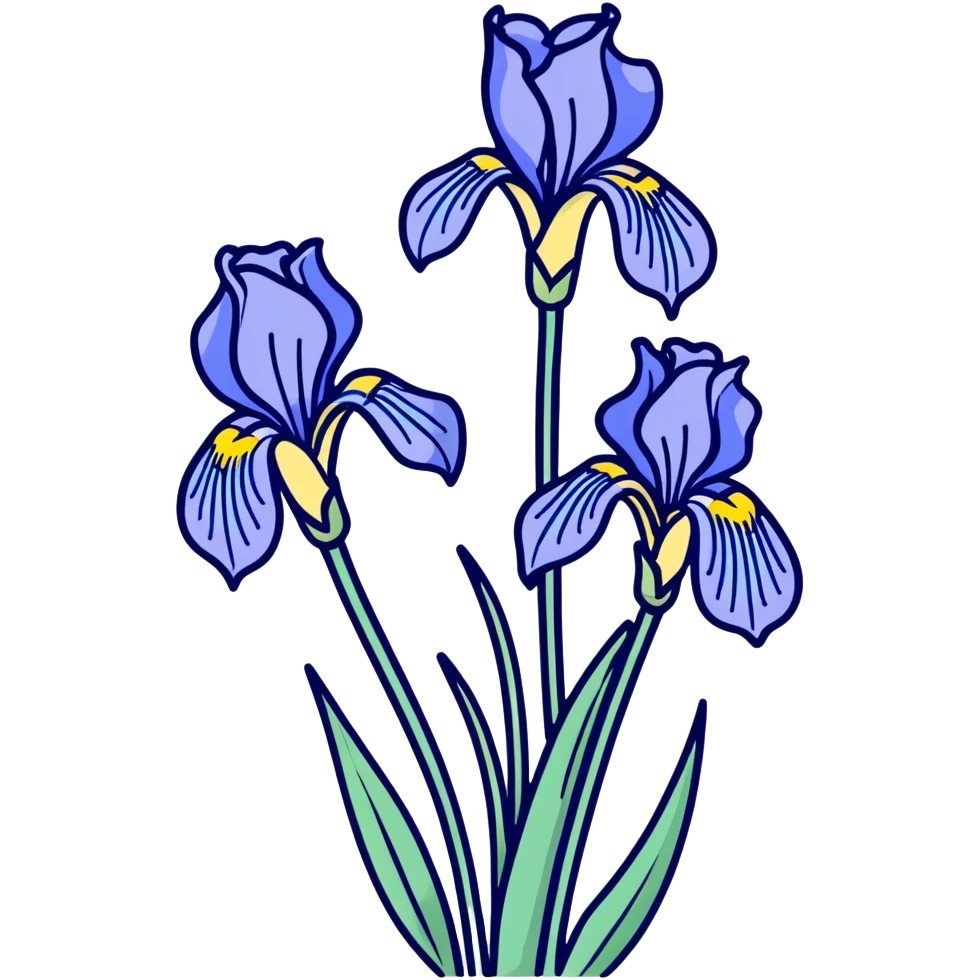 Elegant blue iris flower showing characteristic iris form with three drooping falls and three upright standards, with decorative long leaves emoji