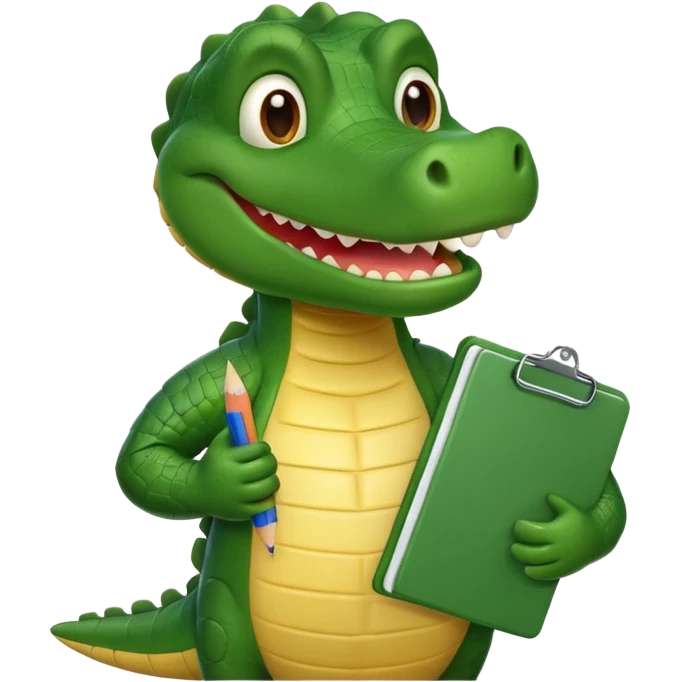A cartoon gator with a clipboard and a pencil against a white background emoji