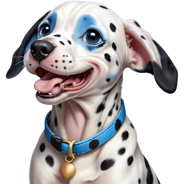 Cinematic Cute Yawning Harlequin Dalmatian Portrait Emoji, Head tilted slightly with a dramatic, wide-open yawn, showcasing a smooth Fur of predominantly white with bold black patches, floppy ears slightly drooping, round blue eyes barely open in drowsy contentment, Simplified yet irresistibly adorable features, highly detailed, glowing with a soft, cozy glow, high shine, relaxed yet expressive, stylized with a touch of whimsy, bright and endearing, soft glowing outline, capturing the essence of a sleepy yet affectionate guardian, so drowsy it feels like it could stretch out of the screen and curl up for a nap! emoji
