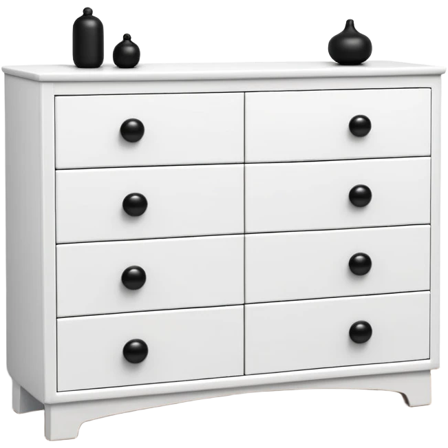 sleek white dresser with 6 drawers, each featuring one small black knob, minimalist but with realistic depth emoji