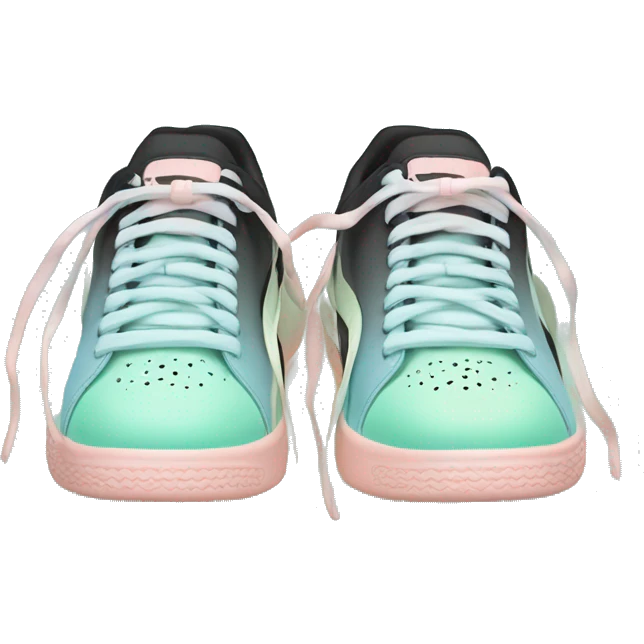 Realistic pair of pastel blue pastel green peach and black ombre Puma sneakers isolated.  emoji