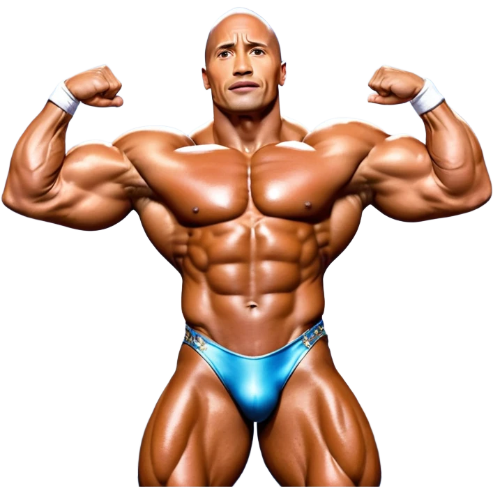 Dwayne Johnson, covered in oil, on stage at a Mr. Universe bodybuilding competition, striking a 'Side Triceps' pose. His defined muscles gleam under the bright lights, with the audience and judges in the background, capturing the intense focus and strength of the moment. Transparent background. emoji