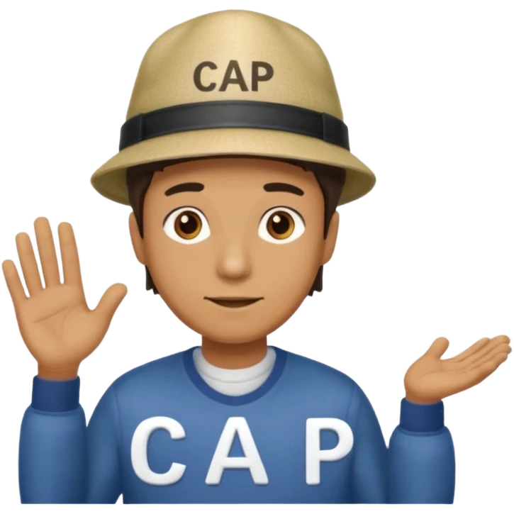 A man standing next to the word cap as if he is presenting it emoji