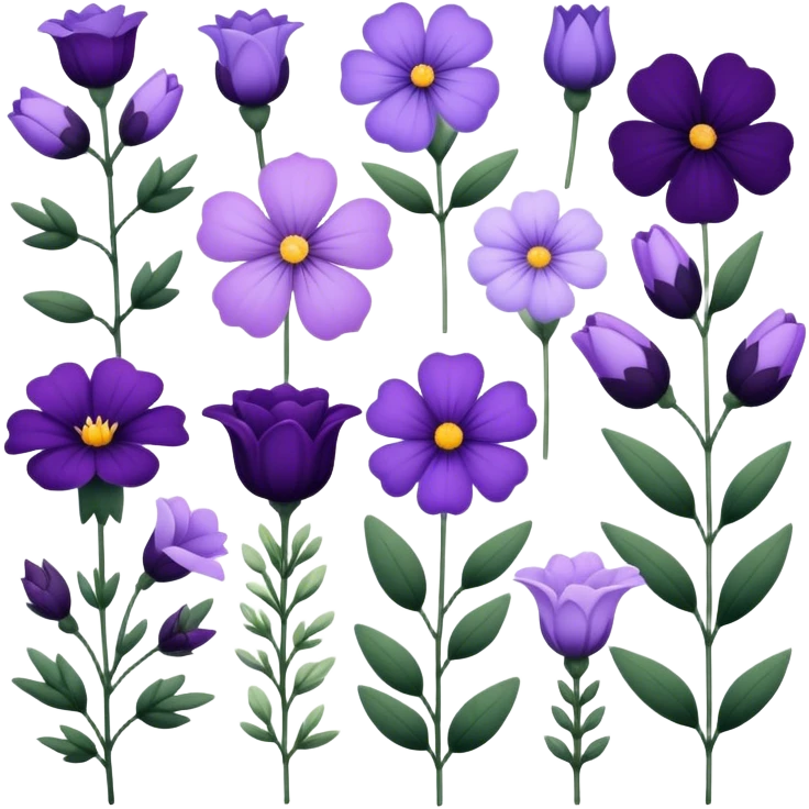 "A collection of dark violet and light lavender flowers in a botanical style."
 emoji