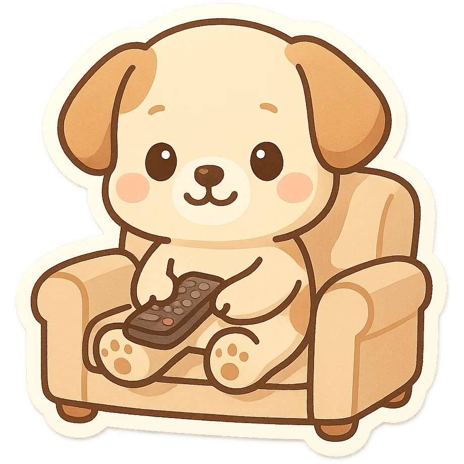 a cute dog sitting on a couch, holding a TV remote, fun and friendly cartoon style emoji