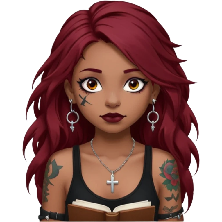 generate an ios genmoji of a dusky girl with long dark red messy hair with eyeliner on her eyes. septum piercing, wearing a cami black top, has tattoos, on shoulders. ear piercings. wearing a cross silver necklace. carrying a lot of sketchbooks


no tattoos on face emoji