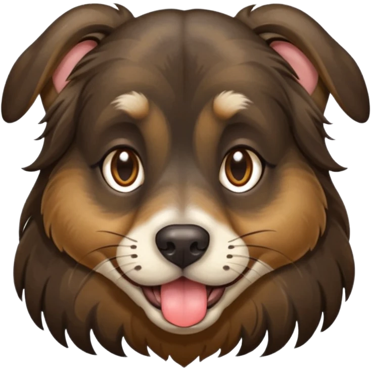 dog face with long black+brown brindle coat and bridge of nose. ears stand up w/ tips folded down. make eyes light brown-ish gold. widen tongue and add dark splotch. keep mane long.  emoji
