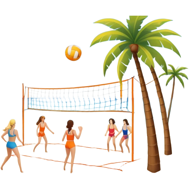 The scene captures a sunny sea beach atmosphere with clear blue sea and sky, palm trees swaying, and people in swimsuits enjoying the vibrant surroundings. A volleyball resting on the orange sand ground of a beach, with a volleyball net in the background.  emoji