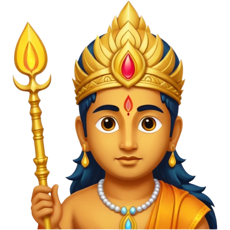 A minimal, divine emoji-style illustration of Lord Murugan, serene face, glowing vel (spear) symbol, bright golden aura, vibrant colors, simple rounded emoji design, high clarity, spiritual and peaceful expression, white background. emoji