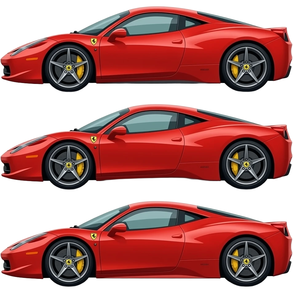 ferrari f458, perfect proportions of wheels and tires, front end and rear end and middle of car compressed like a cartoon drawing, exaggerated emoji