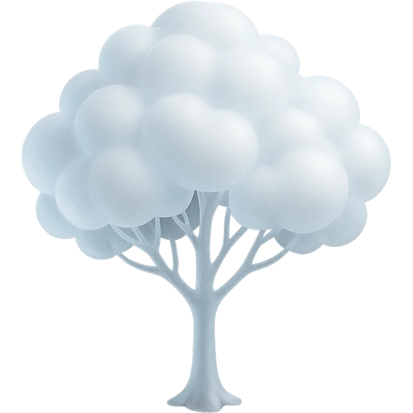 one tree with many branches and a white trunk, crown made of small very bright white fluffy convex clouds, matte glass style emoji