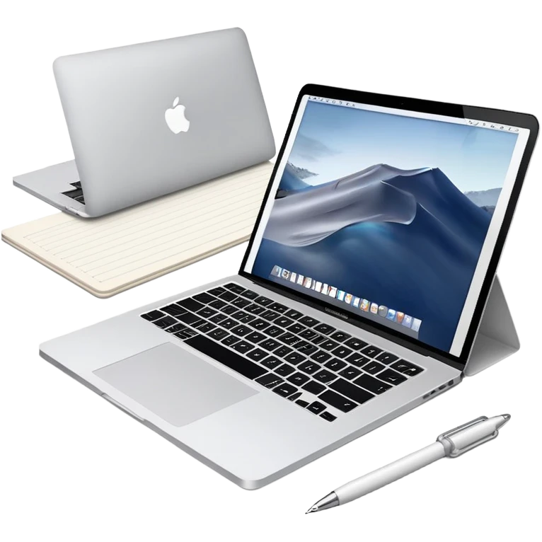 MacBook with online booking system and classic paper notebook with pen side by side, both objects fully visible, no background, no cut-off edges emoji