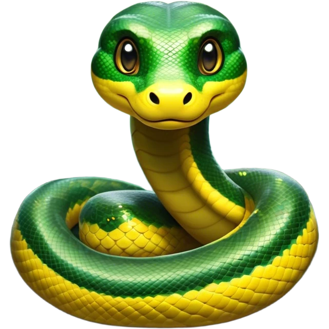 Cinematic Cute Anaconda Portrait Emoji, Head tilted playfully and inquisitively, with a sleek, shimmering body adorned with detailed scale patterns and round, sparkling eyes full of wonder, Simplified yet irresistibly adorable features, highly detailed, glowing with a warm, friendly jungle glow, high shine, affectionate and lively, stylized with a touch of whimsical reptilian charm, soft glowing outline, capturing the essence of a mischievous serpent that feels like it could slither out of the screen into your arms! emoji