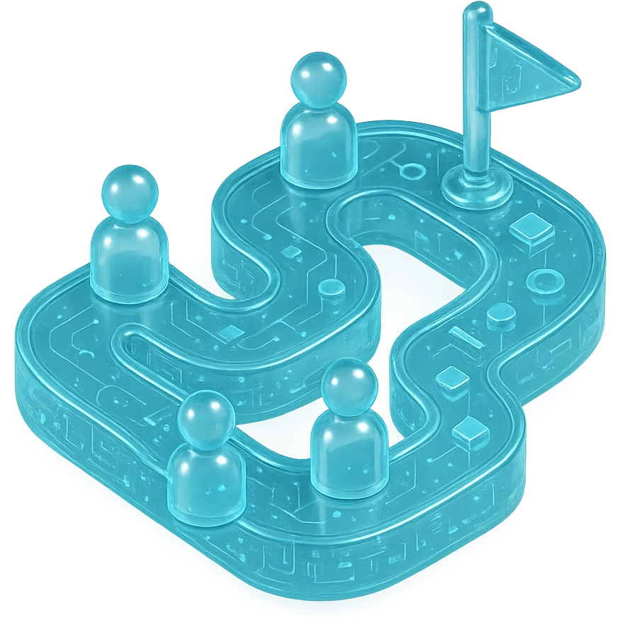 Flat icon of a winding path with user avatars and milestones, cyan blue emoji