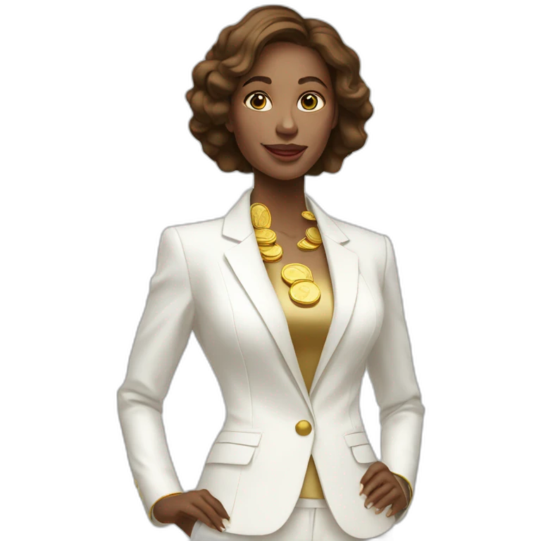 Posh-woman-with-white-suit-holding-golden-coins emoji