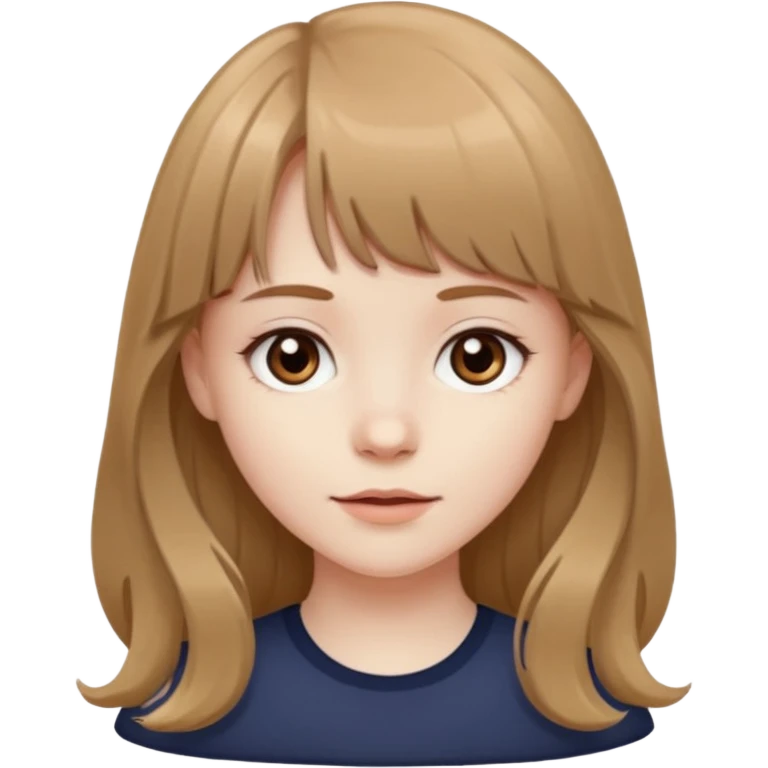 Pale skinned girl with light brown hair and dark brown eyes. She has bangs and her hair is slightly big wavy and long emoji