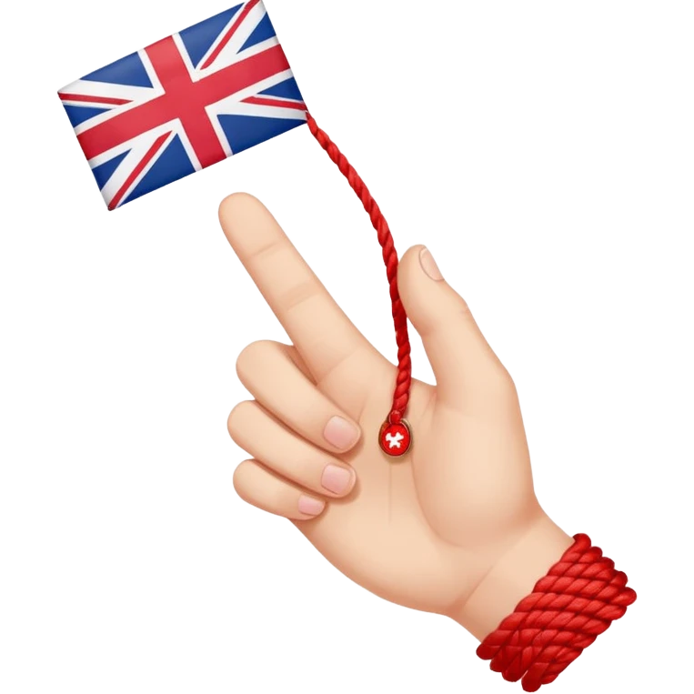 a hand with red string tied up to the pinky finger which shows a British-China-Hong Kong flag to the red thread of fate emoji