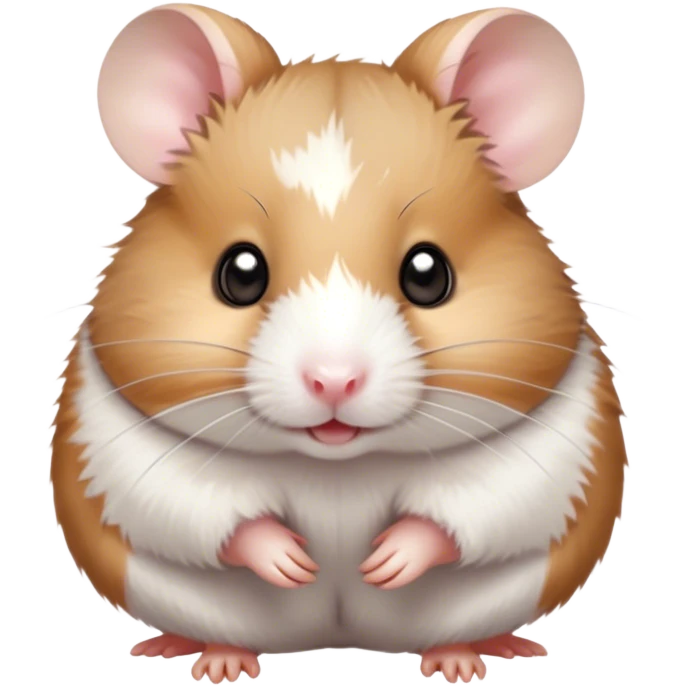 Cinematic Cute Brown and White Banded Hamster Portrait Emoji, Head tilted playfully and inquisitively, showcasing a fluffy coat with playful brown and white banded patterns, round, sparkling dark eyes filled with curiosity, Simplified yet irresistibly adorable features, highly detailed, glowing with a warm, friendly glow, high shine, affectionate and lively, stylized with a touch of whimsy, bright and endearing, soft glowing outline, capturing the essence of a mischievous yet loving hamster, so playful it feels like it could dash out of the screen and into your arms! emoji