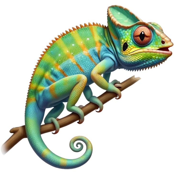 cinematic cute -chameleon-realistic emoji, mouth wide open with tongue out catching prey, -blending-with-vibrant-greenery.-detailed-scales-in-shifting-colors,-showing-the-chameleon’s-ability-to-camouflage.-soft-natural-light-highlights-its-texture.-light-background, zoomed into its face emoji