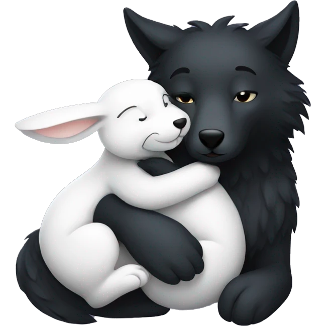 Big black wolf hugging a small white rabbit emoji