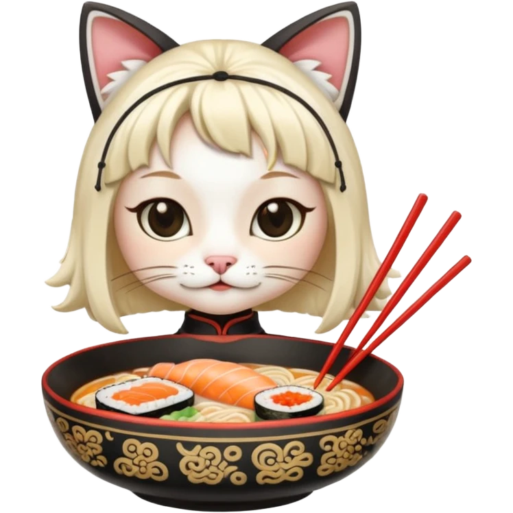 Maine coincide cat orante anda White, With a ramen, anda a clip With sushi form on the head emoji