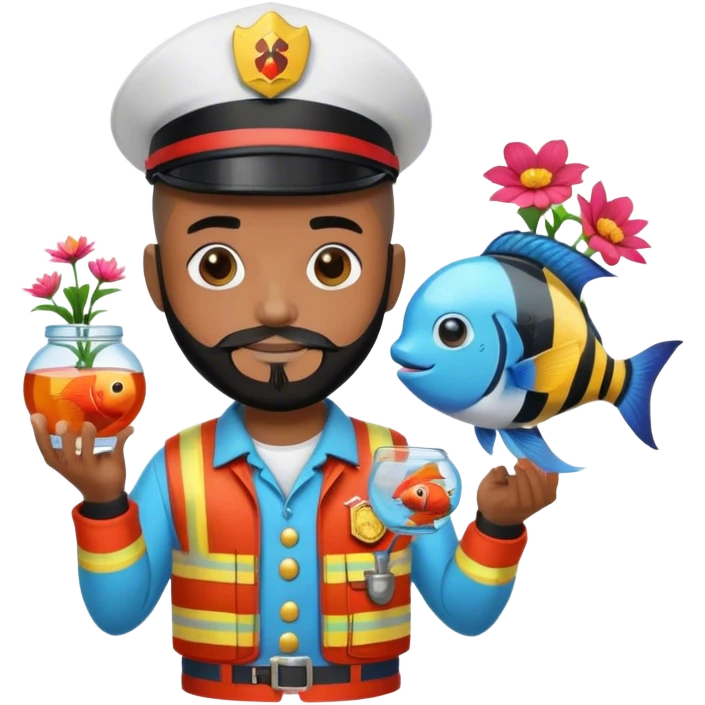 A MAN WITH BROWN SKIN AND A BLACK BEARD - WITH A BUZZ CUT AND SNAPBACK - IN A FIREMAN OUTFIT - HOLDING A FISHBOWL WITH A FIGHTERFISH - AND SOME FLOWERS - WITH CLOWN SHOES emoji