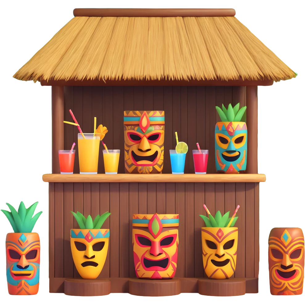 emoji of a tiki bar with Hawaiian motifs, wooden masks, colorful drinks emoji