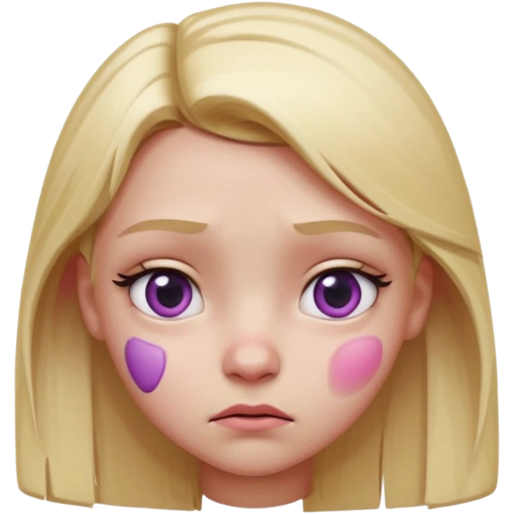 Blonde girl emoji, head and slight shoulders visible, one eye bruised pink and slightly swollen (cartoon black eye), soft pink-purple bruise shading around eyelid, cute but annoyed expression, glossy smooth 3D emoji render, centered composition, clean lighting, white or transparent background. emoji