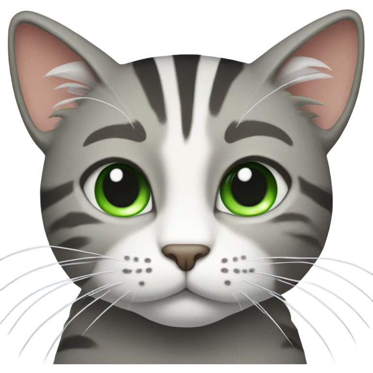 and a cat with large whiskers that has white and gray stripes on its head, and green eyes emoji