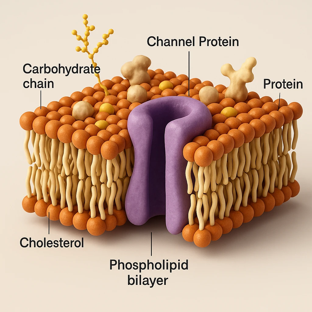 3D cross-sectional view of a biological membrane with a channel protein, visible phospholipid bilayer, proteins, cholesterol, carbohydrate chains, highlighted channel protein, rendered with depth, labeled components, educational and realistic style emoji