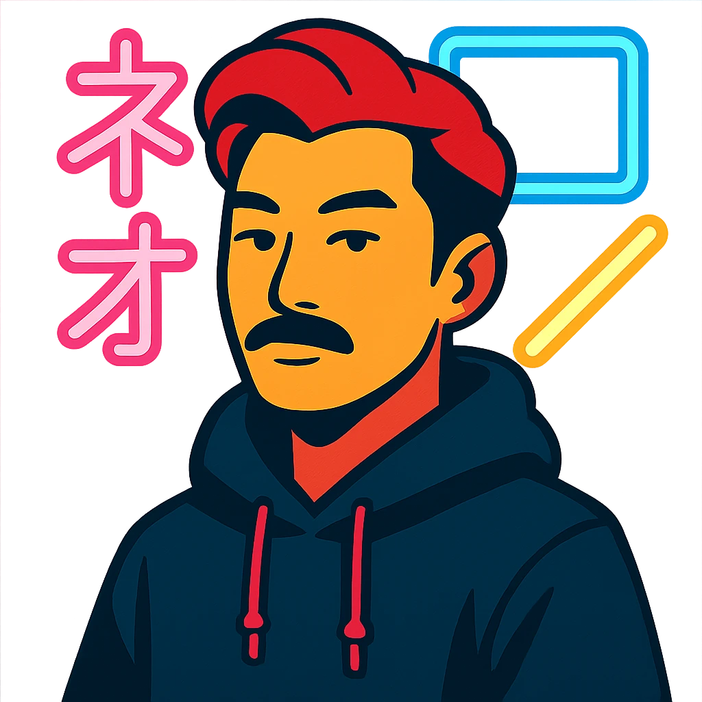 Asian man with black mustache, red hair, black hoodie, neon lights, Japanese cyberpunk anime style emoji