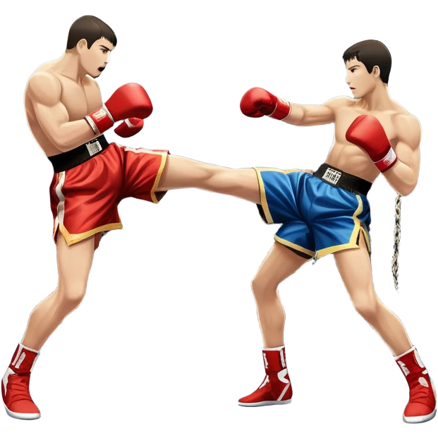 An icon symbolizing kickboxing, featuring two fighters in the ring. One throws a powerful high kick, while the other counters with a punch. The background shows a boxing ring with ropes and a crowd in the distance. Transparent background emphasizes the dynamic energy emoji