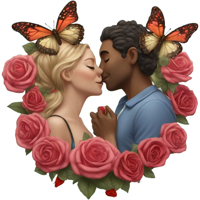 Hyper Realistic Couple kissing surrounded by roses and butterflies  emoji