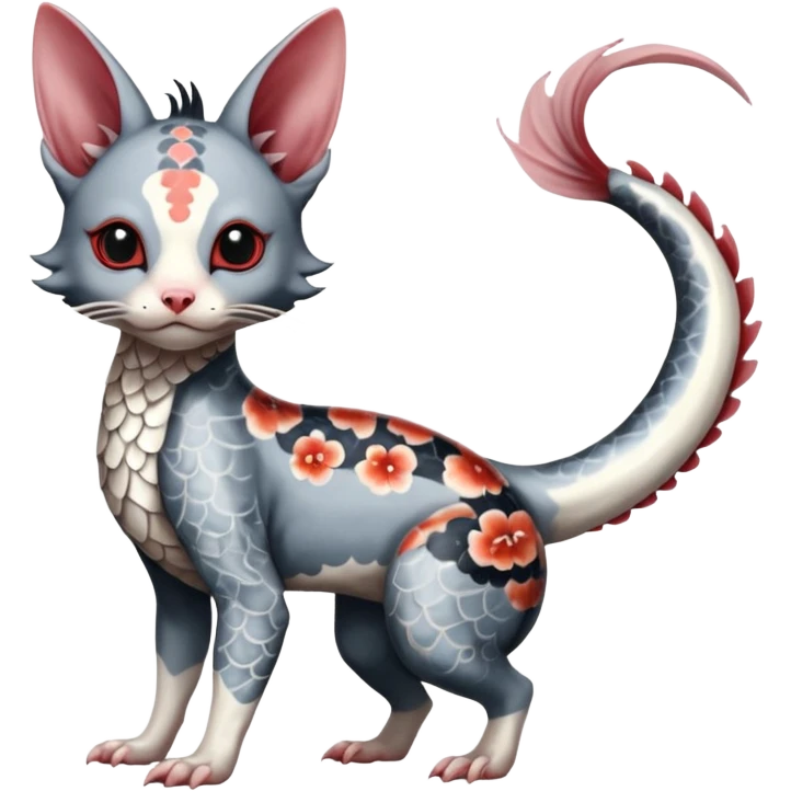 Edgy badass swimmy wet painted intricate ornate Japanese Asian koi-Minccino-Lykoi-Emolga-Sphynx-Linoone-Zangoose-fusion-hybrid-animal-Fakémon-creature, full body, thin long sleek scaly tail, intricate markings emoji