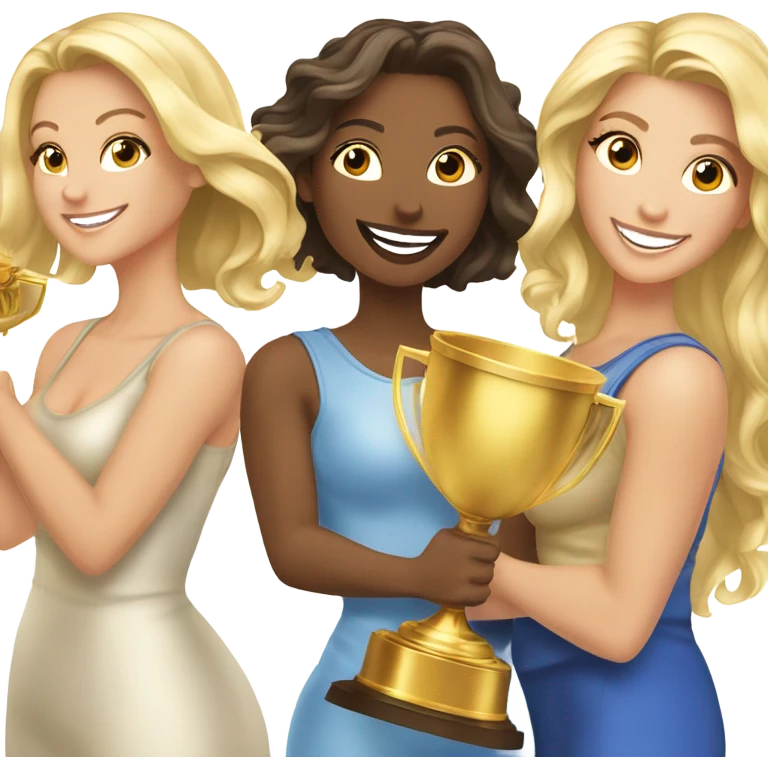 Seven beautiful blonde and brunette women celebrating with a huge gold trophy emoji