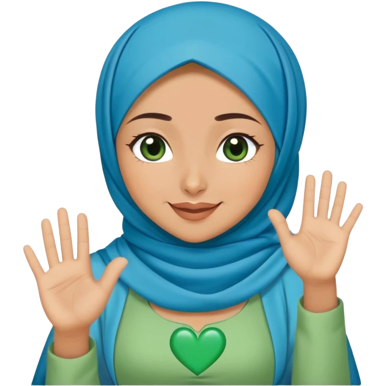 Turkish beautiful finish Konya girl blue hijab and green heart dress and wink her hand goodbye  emoji