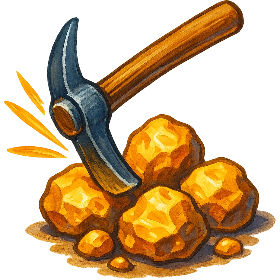 В cлегка рисованной, но при этом объемной и яркой стилистике сгенерируй картинку горстки золотых самородков, по которой бьет кирка, прозрачный фон emoji