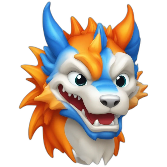 Un dragon mi loup de couleur rouge, bleu, blanc et orange moutardes avec des corne de bélier orange moutard. Il qui crache du feux emoji
