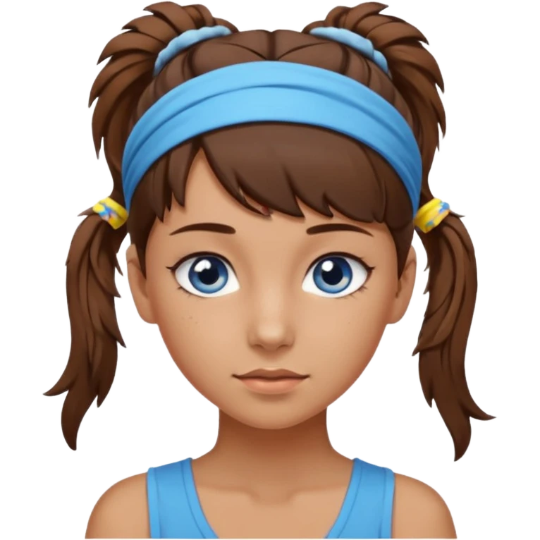 A girl with a messy ponytail, she’s tanned blue eyes and brown hair with a headband on emoji