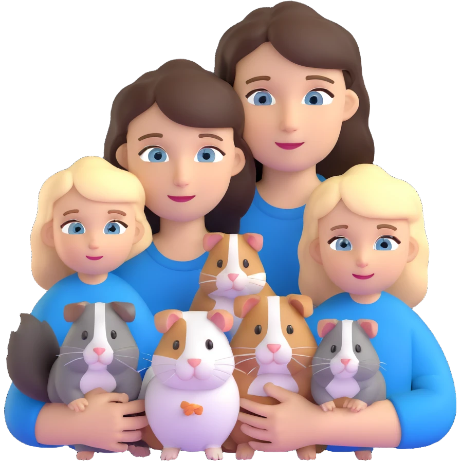 Family portrait with father with dark brown hair and blue eyes, mother with light brown hair and blue eyes, three blonde little girls with blue eyes, plus a grey cat and two guinea pigs emoji