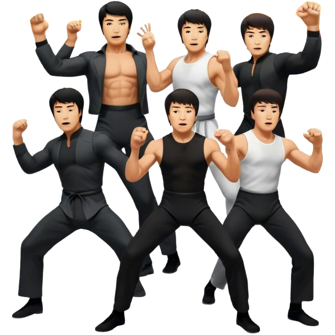 Icon for Action Movies: Collage of Arnold Schwarzenegger, Sylvester Stallone, Bruce Lee, and Jackie Chan in iconic action poses, surrounded by explosions, weapons, and martial arts moves. The design should capture the high-energy, dynamic nature of their films. Transparent background. emoji