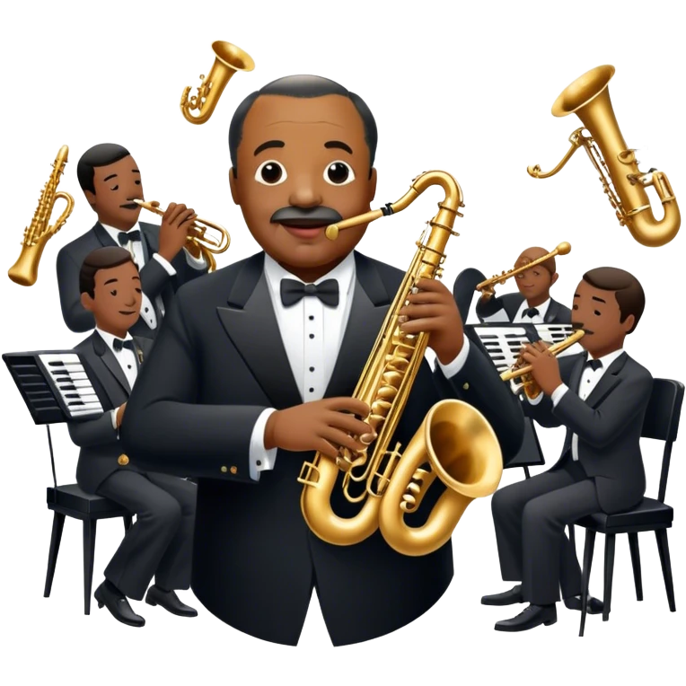 Icon for Jazz Music: Count Basie Orchestra, with Count Basie at the piano surrounded by jazz musicians playing instruments like saxophones, trumpets, and drums. Floating musical notes should capture the energetic and smooth vibe of big band jazz. Transparent background. emoji