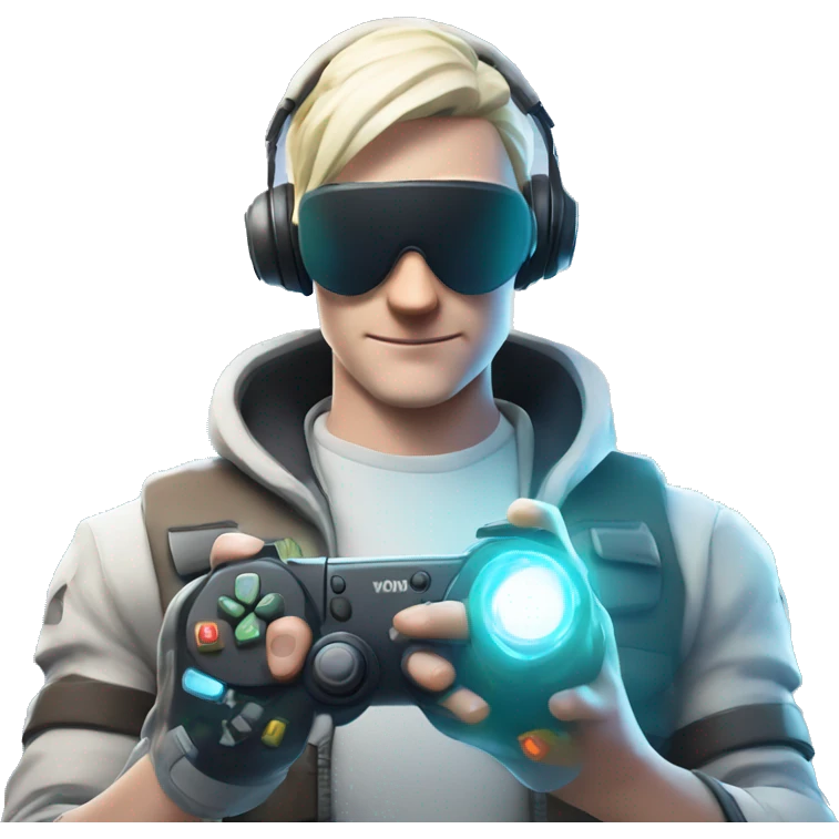 Futuristic fortnite background with a pale skin person in their 40s with a game controller playing a game emoji