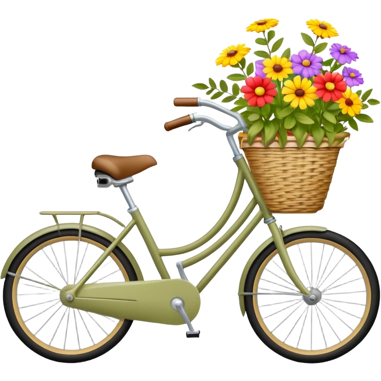 A pale olive bike with a basket and flowers in it emoji
