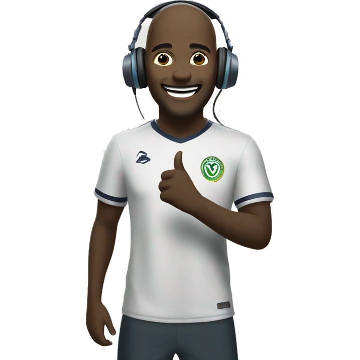 a white man is very happy because his favourite team has won a match he is wearing a headphone and standing in a ground behind him stadium is present emoji