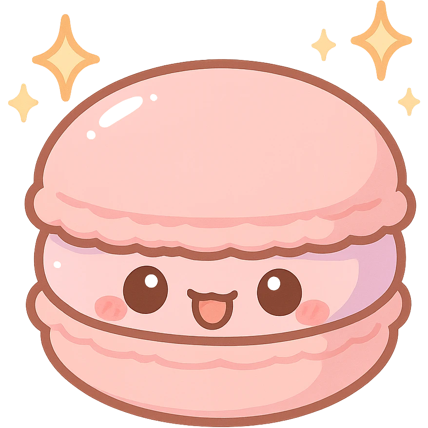 chibi sticker-style macaron with sparkles, cute and exaggerated emoji