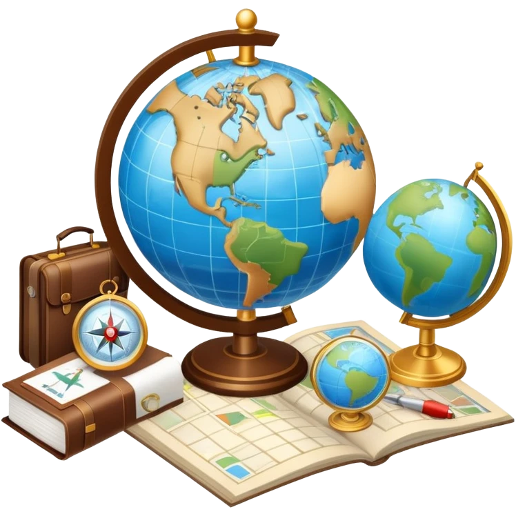 An icon featuring a hotel building, and a globe, symbolizing the scientific study of tourism and hospitality. The design includes a map, a compass, and a checklist, representing travel planning and service management. Transparent background highlights the academic exploration of the tourism industry emoji