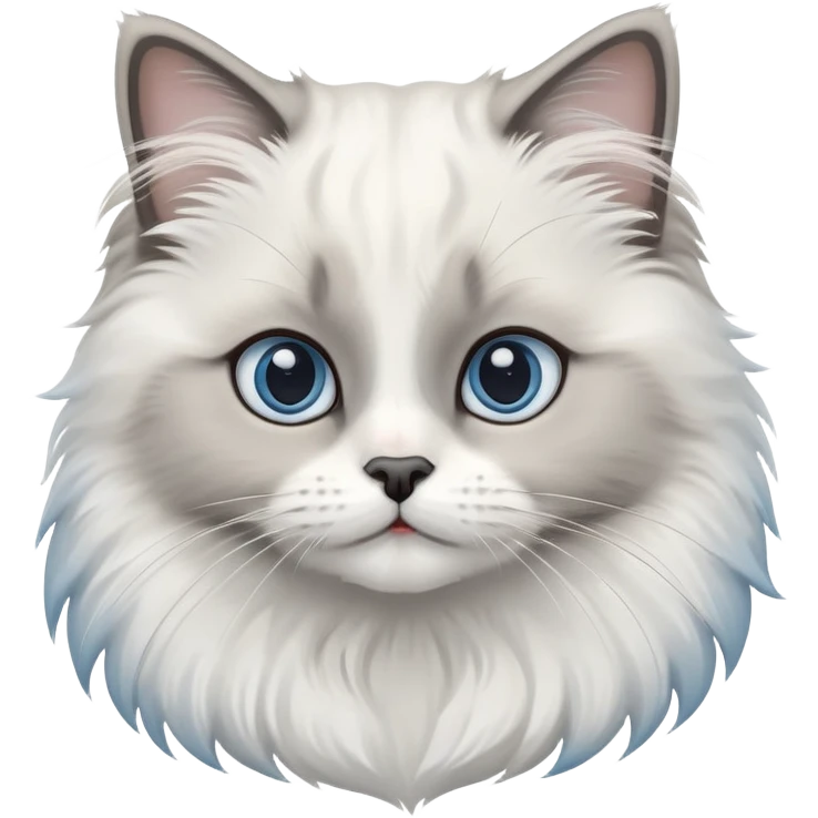 cinematic-adorable-big-eyed-fluffy-white and grey-ragdoll-cat-portrait-emoji,-head-tilted-playfully-with-a-sweet-expression,-fluffy-grey seal colour with white-fur,-simplified-yet-irresistibly-cute-features-with-large,-blue eyes expression, emoji
