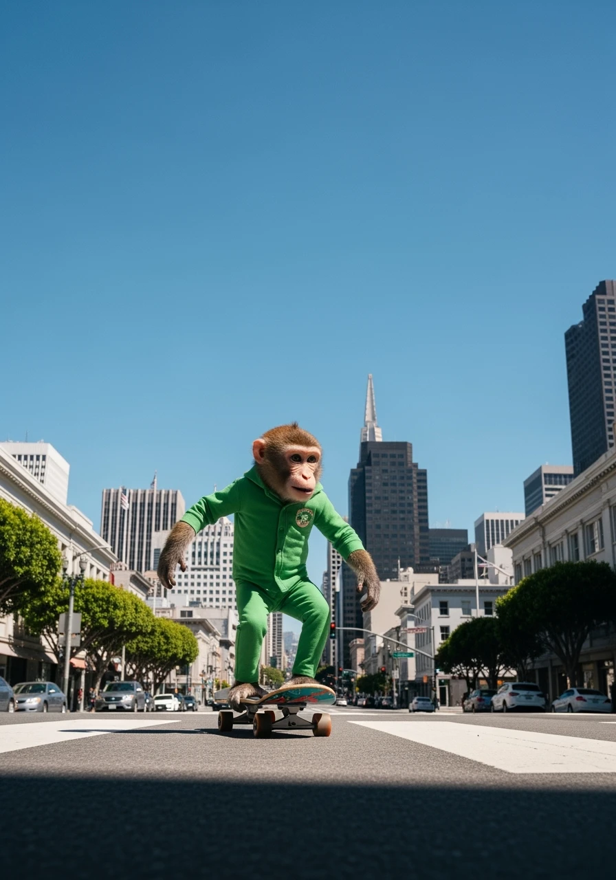 Cinematic still scane, Low angle medium shot, monkey dress in green outfit, monkey ride on skateboard, san francisno downtown with city lanscape, blue clean sky, captured by ARRI Alexa XT, soft cinematic lightning emoji